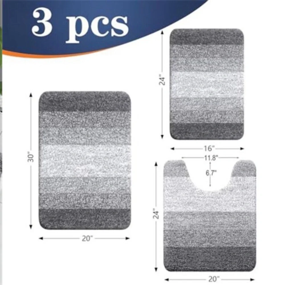 3 Piece Bathroom Rug Set Plush Microfiber Bath Mats Contour Toilet Grey